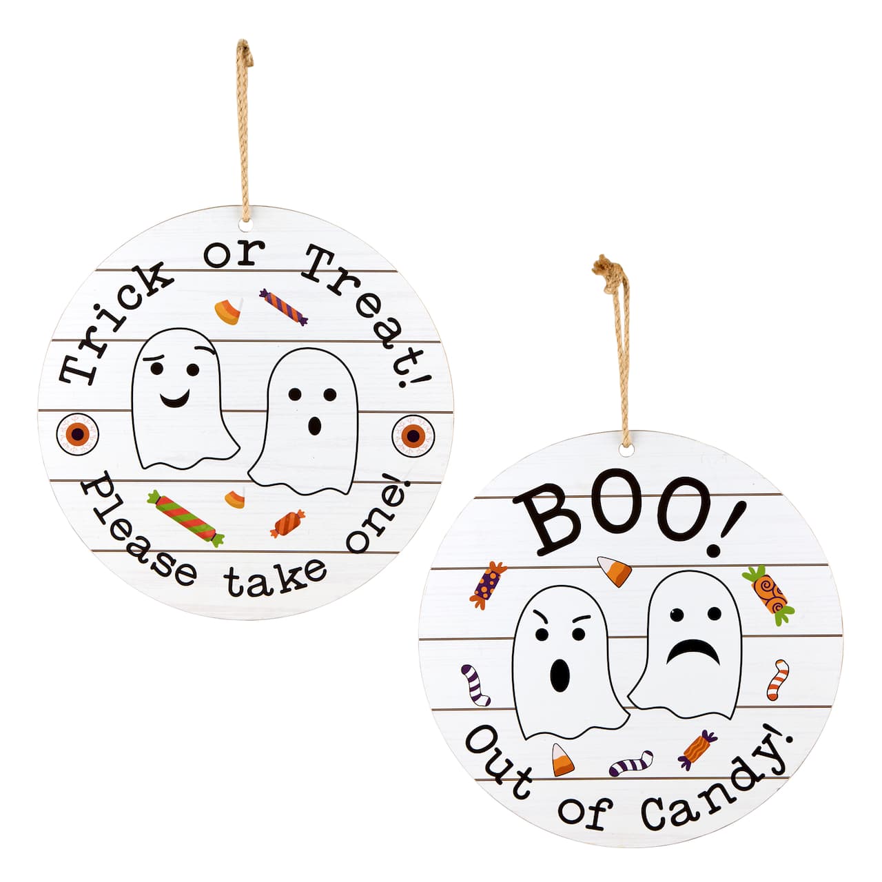 12" White Hanging Double-Sided Trick or Treat/Out of Candy Round Plank Sign